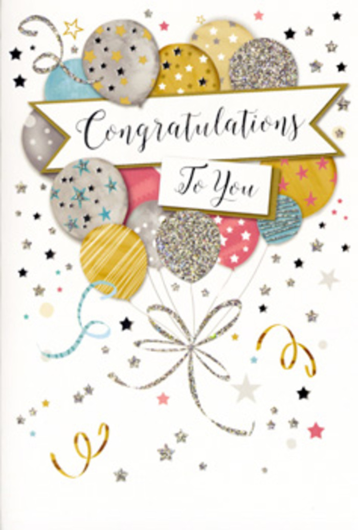 The photograph presents a refined congratulations card arranged almost like a still life, with its artwork conjuring the feeling of a joyful yet sophisticated celebration in Cricklewood. At the heart of the illustration, a soft banner elegantly sweeps across the centre, bearing the words Congratulations To You in carefully drawn, flowing script, similar to traditional calligraphy you might see on a special-occasion envelope. This banner is surrounded and slightly overlapped by a cluster of party balloons that appear to rise gently upwards. The balloons are rounded and glossy in appearance, each shaded in harmonious tones of gold, silver, champagne, pale blue, blush pink, and quiet grey. Their surfaces are individually decorated: some show fine stripes, others sparkle with tiny stars or a delicate dusting of glitter-like dots, giving the illusion of lightly textured finishes. Thin, curling ribbons trail from the base of each balloon in coordinating metallic gold and silver, gracefully coiling as they descend, reminiscent of festive trimmings often paired with celebratory bouquets at Cricklewood Flowers. Around this central arrangement, the background is softly speckled with miniature metallic stars, loose curls, and scattered confetti-like marks that create a sense of motion, as though a burst of joy has just been released. The colour palette is gentle yet celebratory, without loud tones, making it ideal for a broad range of occasions-from exam success or a new job to a special anniversary marked quietly at home off Cricklewood Lane. The card's overall impression is one of polished celebration and sincere admiration, the kind of keepsake that pairs beautifully with fresh, fragrant flowers delivered locally the same day.