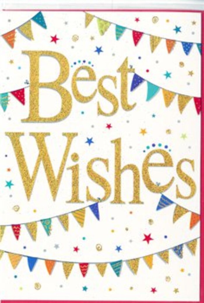 This Best Wishes card unfolds like a quiet fanfare, bringing the feeling of a neighbourhood celebration right into your hands. Against a smooth, snow-white background, the greeting itself is written in luxurious golden script, the letters tall and sweeping, as if carefully traced with a calligrapher's pen. The gold has a gentle, reflective sheen, suggesting a slightly raised, almost velvety texture that would catch the light in a cosy Cricklewood living room or office desk. Framing the message, strands of bunting stretch in graceful curves from one side of the card to the other, mimicking the look of festive flags draped across a local street party near Dollis Hill. Each little pennant is painted in bright, saturated colours - cherry red, ocean blue, leafy green, warm coral, and sunny yellow - and decorated with tiny patterns that add character without overwhelming the eye. Some flags show crisp stripes, others delicate dots or small geometric motifs, like a row of tiny, hand-painted tiles. Between the sweeping garlands, tiny stars and dots in gold and coordinating hues are scattered like confetti lingering in the air after a joyful toast. The overall composition feels light, airy, and beautifully balanced, with generous white space ensuring the design remains elegant even at its most playful. Emotionally, the card radiates encouragement and shared happiness, ideal for celebrating a promotion, a new chapter abroad, or a fresh start right here in Cricklewood. It's easy to imagine this card chosen with care to accompany a congratulatory bouquet, adding a touch of sparkle and thoughtful sentiment to any special delivery.
