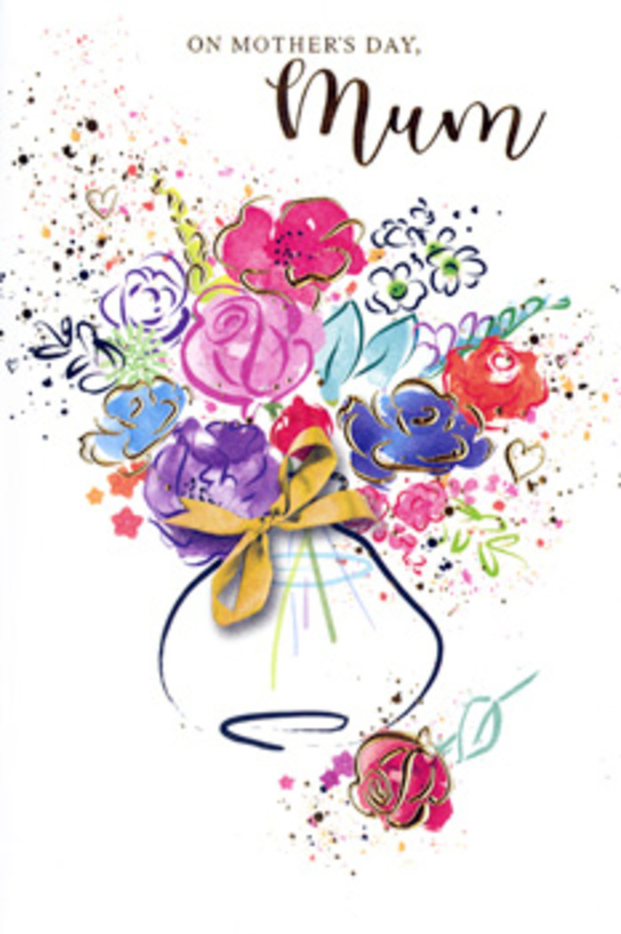 In this expressive Mother's Day card design, the bouquet is interpreted as a flourish of watercolour and feeling, conveying the same affection you might sense when stepping into a cosy Cricklewood home filled with flowers. At first glance, the eye is drawn to bold cerise and hot pink blossoms at the centre, their petals suggested by broad, confident brushstrokes that blur at the edges into lighter pinks and soft peach tones. Deep indigo lines loosely trace around some blooms, giving them structure while keeping the overall effect free and painterly. Small splashes of apricot, coral, lavender, and gentle blue are tucked among the larger flowers, hinting at mixed garden stems gathered from a spring border. Fine, shimmering threads of gold outline petals, leaves, and tiny seedheads, then break away into whimsical dots, splatters, and small hearts that frame the upper portion of the card like celebratory confetti. The bouquet appears to sit in a simple vase, stylised rather than realistic, with washes of muted colour and a golden bow at the neck suggesting a carefully tied ribbon on a freshly arranged bouquet. Around this central display, the white background feels calm and spacious, allowing the colours to glow as though lit by soft afternoon light drifting in over Cricklewood Broadway. The composition feels both spontaneous and thoughtful, reminiscent of a florist's initial sketch before arranging real stems. It evokes gratitude, admiration, and the quiet joy of saying thank you, Mum with something beautiful and heartfelt, whether shared over tea at home or delivered as a surprise from a local Cricklewood florist.