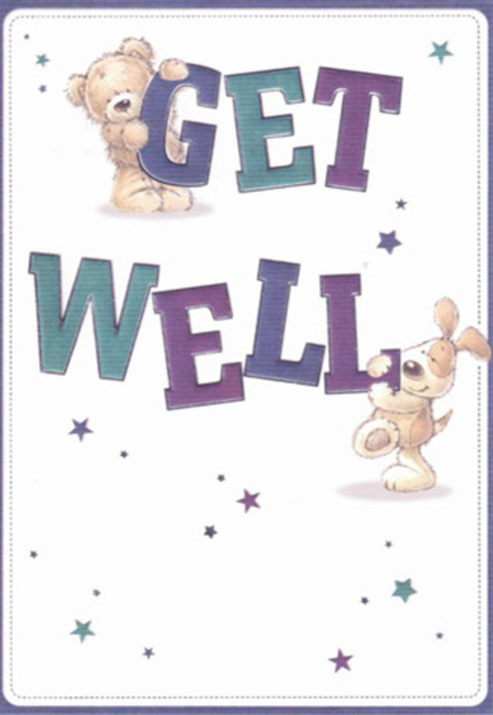 This uplifting get well card, lovingly illustrated, brings to mind the friendly warmth of Cricklewood's community spirit. At its centre are two comforting companions-a soft, gentle bear and a cheerful puppy-surrounded by swirling stars that shimmer in shades of blue and purple, like the night sky above Mapesbury Road after a summer rain. The confident, oversized lettering in vibrant teals and indigos calls out 'Get Well,' grounding the scene with reassurance and optimism. Each character is brought to life with thoughtful texture: you can almost feel the plush fur of the bear and the velvety flop of the puppy's ears, conveying a gentle, tactile sense of comfort. The crisp, cream-white backdrop allows each detail and colour to shine, reminiscent of a bouquet's bright focal blooms set against fresh greenery. The mood is airy, light, and positive-the kind of gentle encouragement a Cricklewood florist might send along with a perfectly chosen posy, hoping to lift the spirits of anyone under the weather in NW2. It's both a visual hug and a promise of brighter days, delivered with the unhurried care found in every thoughtful arrangement from the area.