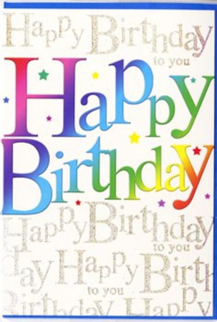 The image presents a joyful birthday greeting card, its design as lively and layered as an early evening crowd along Cricklewood Broadway. Dominating the front are large, friendly letters spelling out Happy Birthday, each one standing tall and wide, brushed in a smooth rainbow spectrum that flows from one colour to the next. Deep red shifts into pink, then bright orange and sunshine yellow, easing into leafy green, cool aqua, deep blue, and soft purple, as if the words themselves were composed from a row of carefully graded party balloons. The letters have a gently rounded, almost cushiony shape, giving them a soft, approachable look, like something you'd see decorating a child's birthday in a back garden off Anson Road. Behind this bold message, the background is filled with an intricate network of looping golden script, repeating Happy Birthday to you again and again in a delicate, hand-written style. The metallic ink seems to shimmer softly, catching light without glaring, similar to the way late-afternoon sun glints off windows near Mapesbury Road. Tiny, scattered accents in matching rainbow tones-minuscule stars, dots, and spark-like shapes-appear between and around the letters, enhancing the sense of lively motion, like confetti frozen mid-air. The surface of the card has a smooth, slightly glossy finish that suggests quality printing and a pleasant touch, ideal for pairing with a hand-tied bouquet picked up from a local Cricklewood florist. Altogether, the card feels modern yet warmly nostalgic, an exuberant visual chorus that turns a simple birthday message into a vivid, heartfelt celebration ready to accompany flowers and brighten someone's special day.