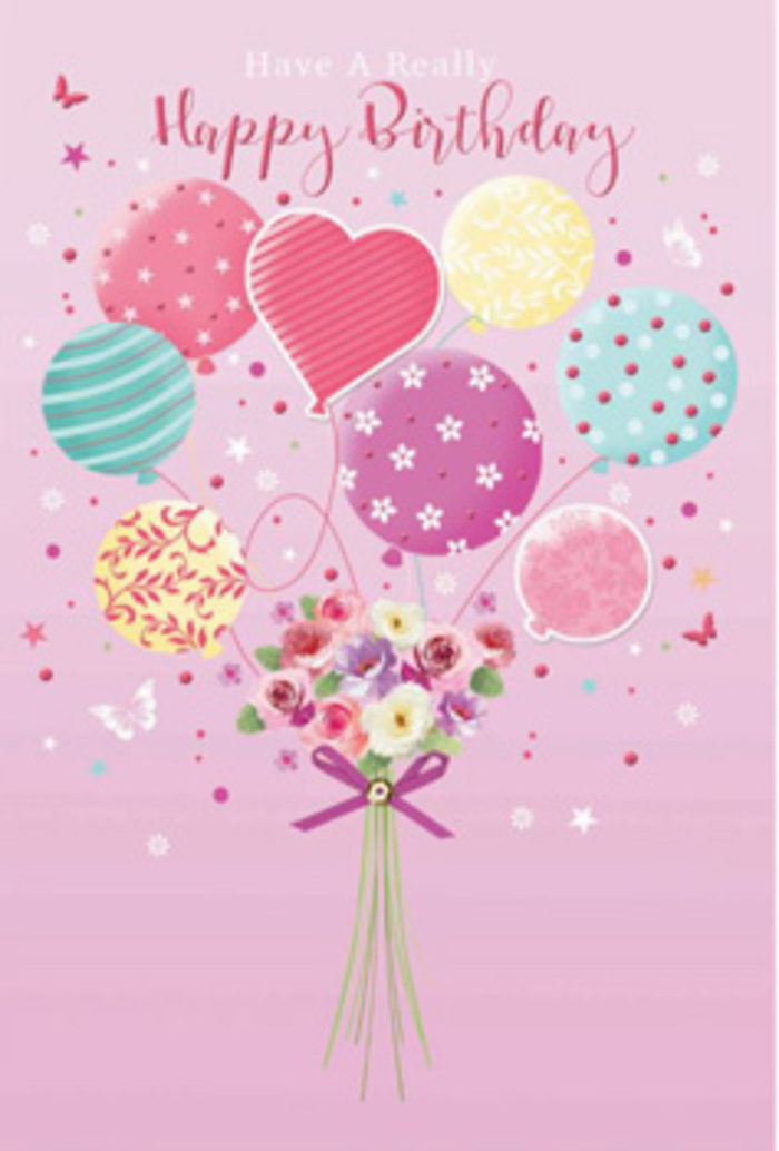 This birthday card artwork presents a whimsical celebration scene that might feel at home in a sunny Cricklewood shop window, where balloons, flowers, and soft light come together on a serene pink background. At the bottom centre, a charming bouquet is hand-tied with care, its stems pulled neatly together and finished with a shimmering purple ribbon that curls elegantly at the ends. The flowers themselves appear lush yet delicate, with small roses and daisy-like blooms in tones of creamy white, rose blush, and gentle lavender, their petals layered and slightly ruffled, suggesting a velvety, touchable texture. They cluster closely, creating a sense of fullness, like a freshly arranged birthday posy ready to be delivered along Cricklewood Broadway. From this nest of blooms, a bouquet of balloons seems to rise, as if the flowers are lifting them into the air. The balloons are pastel and airy, with hues of pale sunshine yellow, powder pink, minty green, and soft lilac. Each balloon has its own design: swirling ribbons that spiral upward, scattered dots that look almost like confetti, and delicate floral prints that echo the blossoms below. A prominent heart-shaped balloon rests near the centre, symbolising love and heartfelt birthday wishes. Gentle highlights glisten along the balloons' rounded surfaces, suggesting they are made of glossy latex or foil catching the light, while the flowers appear softly matte and natural. Tiny butterflies and twinkling star shapes hover around the scene, adding the feeling of a garden party paused in mid-flight over NW2. The overall mood is tender, joyful, and slightly nostalgic, as though created by a local Cricklewood florist who understands how to blend playful design with genuine emotion for a truly memorable birthday greeting.