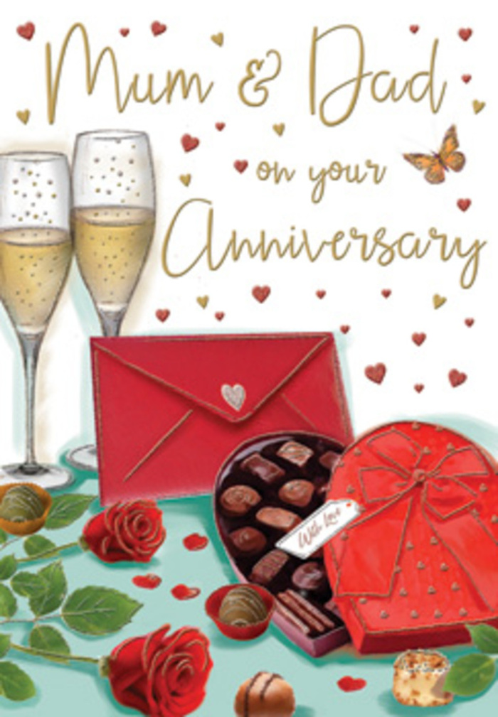 The anniversary card illustration feels like a tender vignette of family love, a scene you could imagine set on a dining table in Cricklewood as evening settles over the nearby streets. Dominating the foreground are two sumptuous red roses, placed thoughtfully side by side. Their petals are drawn with striking detail, layered in soft curls that suggest a velvety touch and a gentle, familiar scent, much like the freshest stems a local florist would choose for a milestone celebration. Around the roses, a collar of glossy green leaves adds depth and a natural frame, their surfaces catching tiny highlights of light. Nestled close by is a heart-shaped chocolate box, coloured in deep red and finished with a wide, satin bow tied in full, elegant loops. The lid is propped open to reveal tidily arranged chocolates, each piece slightly domed and individually cupped, inviting the idea of indulgent sharing between parents who have celebrated many years together. Behind this, two tall champagne flutes stand in unison, their bases almost touching. They are filled with golden champagne, lively bubbles rising in fine streams, capturing that held-breath moment before a toast. Floating around the composition, small hearts in gold and crimson drift like confetti, encircling a hand-lettered message for Mum & Dad that arches gently across the card. A scarlet envelope, placed deliberately near the front, anchors the scene with the promise of handwritten words. Soft, warm lighting wraps everything in a gentle glow, evoking gratitude, nostalgia, and the comfortable warmth of an anniversary evening at home in Cricklewood, when love is celebrated quietly but wholeheartedly.