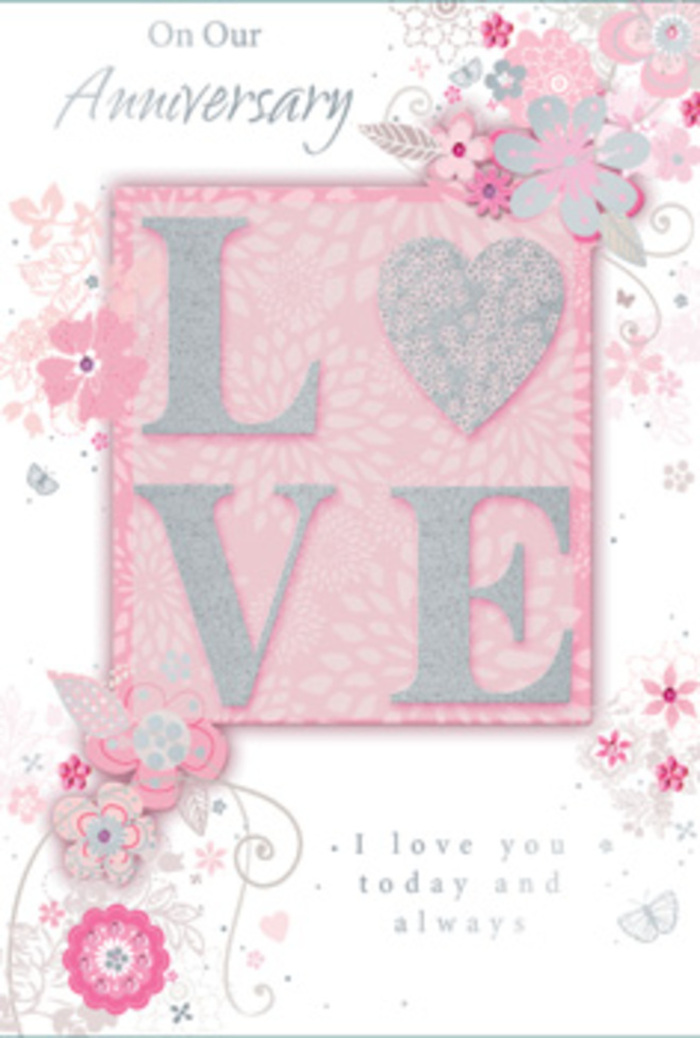 Captured in soft, even lighting, this anniversary card appears like a paper equivalent of a romantic bouquet crafted by Cricklewood Flowers for a special celebration at home. The main motif is the word LOVE, placed centrally and printed in a slightly raised, glitter-dusted style, so each letter glows with a blend of blush pink and pearly white, edged subtly in silvery sparkle. The textured finish is designed to be touched as well as seen, giving a gentle, almost velvety feel that mirrors the petals of fresh blooms. Around this focal word, a halo of hand-drawn flowers and leaves sweeps gracefully across the card, their outlines fine and flowing, with soft shading that hints at petals in bloom without overwhelming the background. The blossoms sit against a wash of pale pink, reminiscent of Cricklewood's spring skies reflected in shop windows along the High Road. Leaves curl and spiral between each flower, creating a rhythm that feels both calm and joyfully alive, like foliage cascading from a vase. Small details-tiny buds, slim stems, and elegant curves-add richness to the design, suggesting the care of an experienced florist composing a romantic arrangement. Delicate script text, expressing anniversary love and gratitude, nestles comfortably within the design, printed in a smooth, slender font that complements the curls of the floral elements. The overall impression is one of gentle celebration: soft pastel tones, glimmering highlights, and airy florals combine to create a card that would sit beautifully beside a vase of fresh flowers in a Cricklewood living room, quietly honouring the promise of love kept over time.