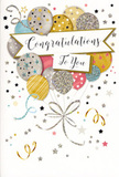 In this image, a beautifully designed congratulations card captures the essence of a light, uplifting celebration, the way a happy gathering might feel after good news spreads around Cricklewood. The central focus is a bouquet of illustrated balloons, grouped together in a joyful cluster that seems to float upwards with effortless grace. Each balloon glows in soft, complementary shades-gleaming gold, cool silver, champagne beige, sky blue, blush pink, and soft grey-so that no single colour overpowers the others. Their surfaces are adorned with slender stripes, sprinkled stars, and tiny glitter-like flecks, suggesting a delicate, almost touchable texture. Elegantly curling ribbons in metallic gold and silver fall from the bottoms of the balloons, looping and twisting like the festive streamers often tied to celebration arrangements in local homes. Around this cluster, the background is gently dusted with miniature stars, dots, and whirling curls that resemble confetti and party ribbons captured mid-sway against a pale, uncluttered backdrop. Across the middle of the design floats a stylish banner carrying the message Congratulations To You in smooth, flowing calligraphy, lending the card a personal, heartfelt tone. The overall mood is bright yet refined, with plenty of air and space in the composition, as though the card is inviting a deep breath of shared pride and joy. It feels ideal for marking a promotion, a graduation, or any hard-won achievement in NW2, especially when tucked beside a fresh floral arrangement waiting on a kitchen table or windowsill overlooking the bustling streets below.