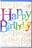 This photograph focuses on a birthday card whose front design exudes the same happy bustle you might feel stepping out of Cricklewood Station into a street full of colour. At the centre, the phrase Happy Birthday is written in bold, generous letters, each one wearing its own shade-from rich berry reds and warm corals through golden yellows and lime greens, into teal, cobalt, and velvety purples. The colours blend with soft transitions, like the gradient you see when flower petals shift from one tone to another in a well-crafted arrangement from a Cricklewood florist. Surrounding and weaving behind the main text, a backdrop of delicate golden handwriting repeats Happy Birthday to you in graceful, looping script. The gold ink has a subtly glittering quality, catching hints of light so that the words look almost embroidered across the surface, much like sunlight glinting on morning dew in Gladstone Park. Lightly scattered between the letters are tiny stars and dots in coordinating rainbow hues, giving the impression of festive confetti poised in the air just before it falls. The card stock appears smooth and slightly glossy, inviting touch and suggesting a high-quality finish that would pair beautifully with a hand-delivered birthday bouquet. The overall mood of the image is warm, upbeat, and celebratory, blending bright, youthful colours with elegant golden details, making this birthday card an ideal companion to flowers sent to mark a milestone or simply to bring a burst of joy to someone's special day in and around Cricklewood.