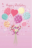 A pastel birthday illustration unfolds like a daydream above Cricklewood, with balloons and blossoms sharing a single joyful breath of air. Against a muted pink background, a hand-tied bouquet anchors the scene, its stems carefully gathered and cinched with a violet satin bow that gleams softly, suggesting the touch of a skilled florist's hand. The bouquet brims with delicate roses and anemone-like flowers, their petals in shades of ivory, blush, and dusty mauve. Each bloom appears gently layered, almost translucent at the edges, as if they have just opened to the light that spills across their surfaces, reminiscent of early sunshine over nearby Gladstone Park. From this floral base, a playful cluster of balloons floats upward, their strings disappearing into the heart of the bouquet so that flowers and balloons seem seamlessly connected. The balloons come in soothing pastel tones-petal pinks, sea greens, lemon yellow, and lavender-with each one carrying a different decorative pattern: candy-stripe swirls, dainty polka dots, soft florals, and whimsical curves that give a sense of motion. A central heart-shaped balloon glows warmly among them, a quiet symbol of affection and birthday love for someone in NW2. Light reflects off the balloons' smooth, glossy surfaces, creating small highlights and gentle shadows that give them depth, while the flowers beneath remain softly luminous. Tiny stars and butterfly silhouettes drift around the composition, adding a whisper of magic, as though the birthday wishes themselves were fluttering through the air. The entire image feels airy, celebratory, and kind, like a bespoke card designed by Cricklewood Flowers to capture the sweetness and joy of a truly special birthday.