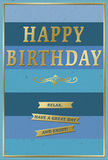 This birthday card presents a scene of quiet festivity, where soothing blues and refined gold details work together like a calm celebration at home after a walk along Cricklewood Broadway. The card's background is a series of generously wide, horizontal stripes, each stripe a slightly different blue-starting with deeper navy at one end and melting gradually into softer sky and teal tones towards the other. These layered bands form a gentle gradient reminiscent of evening skies rolling over Gladstone Park. Centered across the design, the message HAPPY BIRTHDAY appears in large, embossed gold capitals. The letters are clean and dignified, their metallic finish softly reflective, catching hints of light rather than sparkling aggressively. Beneath this main line of text is a delicate golden flourish, a decorative curving motif that looks almost like an elegant underline. Below that flourish, three slim, gold-foiled banners are stacked one beneath the other, each one embossed with a reassuring sentiment: Relax, have a great day and enjoy! The gold elements-including a fine border tracing the card's outer edge-create a sense of structure and quiet luxury against the velvety-matte blues. You can almost imagine running your fingertips over the raised lettering and smooth foil. This is the kind of card that might stand proudly beside a modest vase of fresh flowers in a Cricklewood kitchen, perhaps purchased from a local florist and delivered with care, its gentle colours and simple message turning an ordinary birthday morning into something soothing, thoughtful, and warmly memorable.