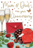This illustrated anniversary card presents a romantic table scene that feels both classic and homely, as though set for long-time partners in Cricklewood unwinding after a day around Willesden Green. In the foreground, two fully open red roses lie on their sides, petals lush and velvety, their rich crimson shades deepening toward the centre. The roses are cradled by fresh green leaves that create a natural backdrop, amplifying the drama of the flower heads. Nearby rests a heart-shaped box of chocolates in a strong, festive red, its smooth lid folded back to show an inviting array of neatly lined truffles, each one a small sphere or square of glossy chocolate. A wide, luxurious red bow coils over the lid, its satin loops and trailing ends reinforcing the sense of occasion. Slightly behind, two champagne flutes stand together, their tall, slender shapes filled with sparkling, golden liquid. Tiny bubbles rise steadily within the glasses, caught mid-flight and suggesting the joyful clink of a forthcoming anniversary toast. All around, delicate hearts in gold and crimson drift across the background like playful brushstrokes, surrounding a gentle, hand-written message addressed to Mum & Dad. At the edge of the scene, a bright scarlet envelope, perfectly sealed, rests ready to be opened, hinting at affectionate words and perhaps a fond memory or two. The scene is bathed in soft, even light that lends a warm, glowing atmosphere, evoking the contentment of shared years and the comforting promise of many more family celebrations to come in a cosy Cricklewood home.
